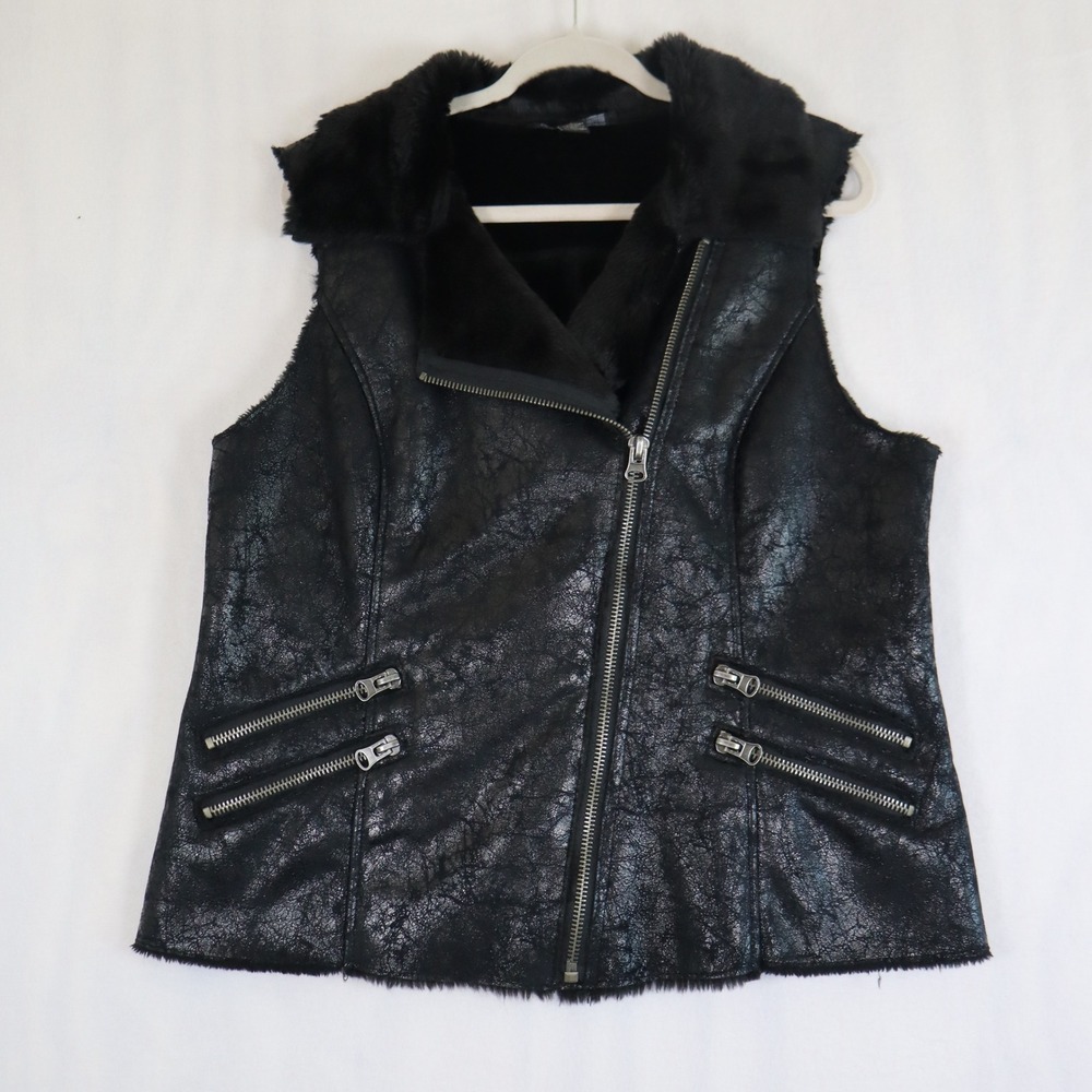 INC Moto Vest Large Black‎ Faux Leather Fur Grunge Streetwear Alternative Y2K